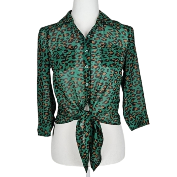 Mine Green Leopard Print Tie Front Blouse, Size S - Picture 9 of 9